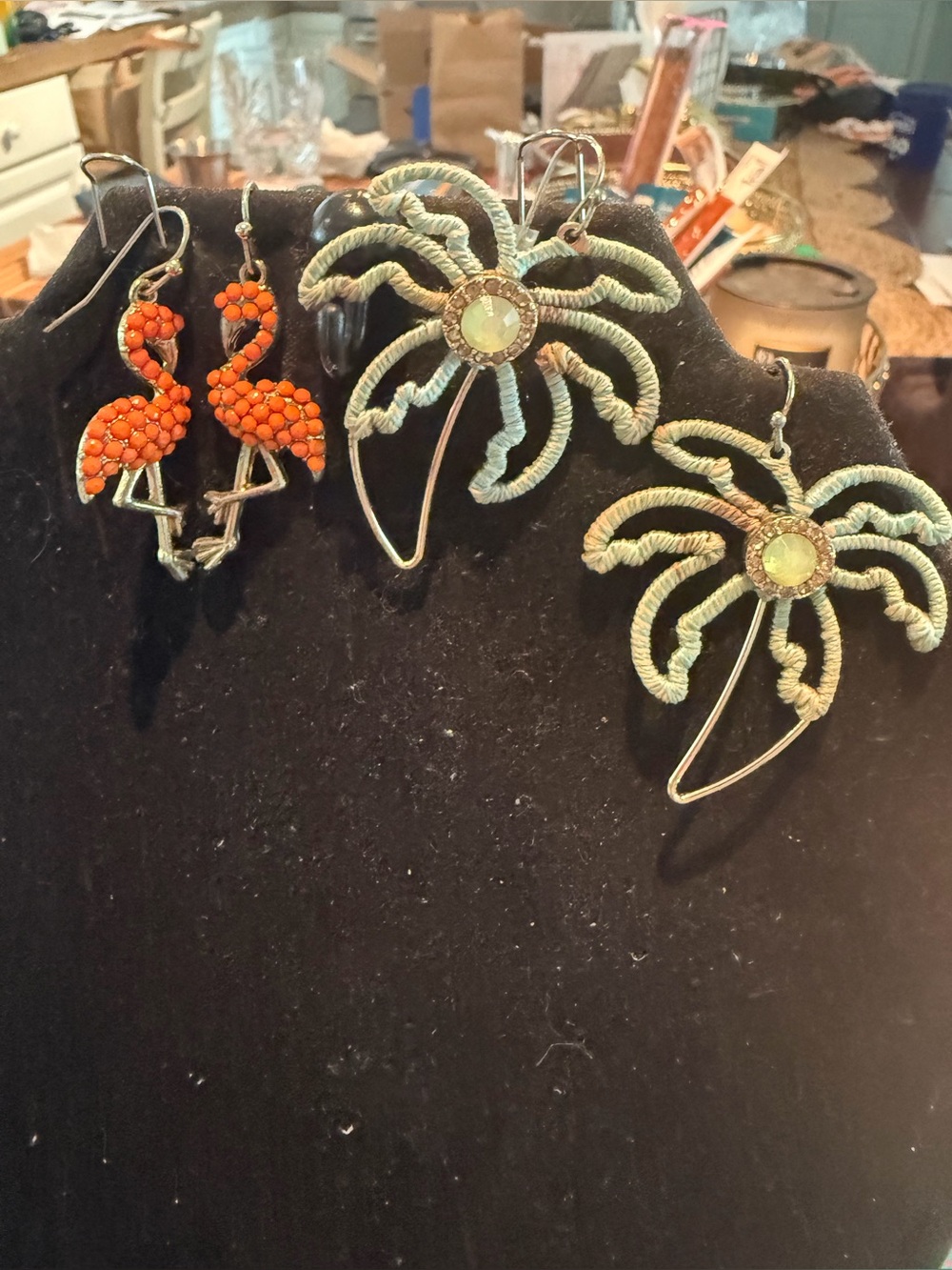Tropical Palm & Flamingo Earring Set - Green Palm, Orange Flamingo